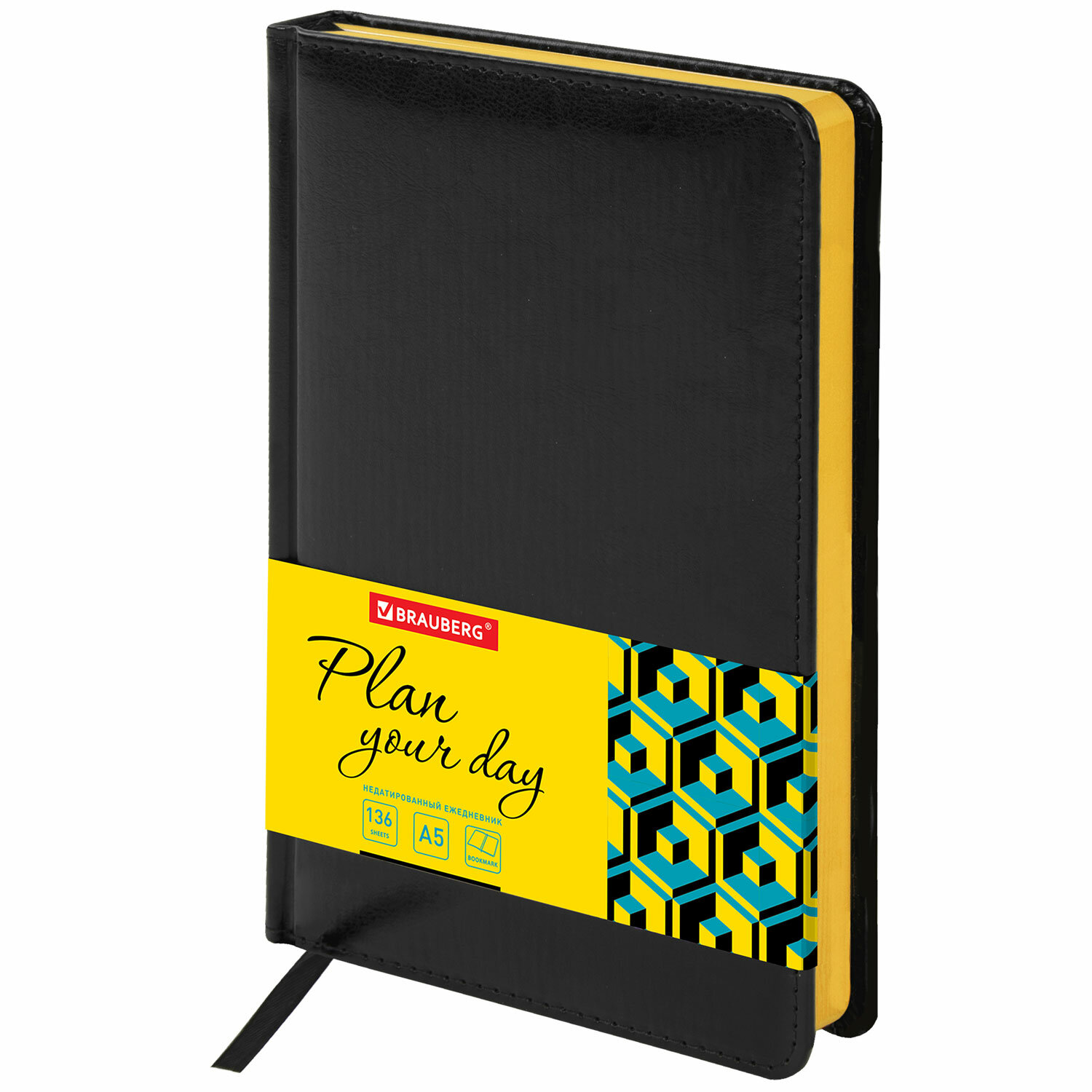 Ежедневник недатированный А5 138х213мм BRAUBERG Rainbow под кожу, 136л, черный/желтый, 113497