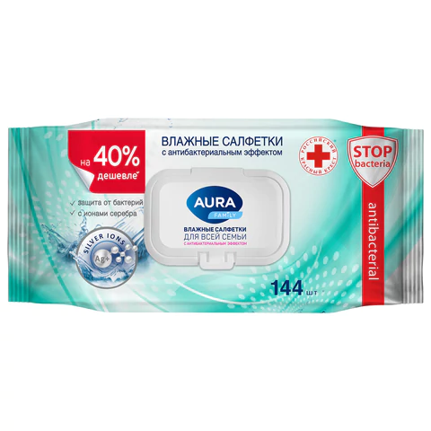 Салфетки влажные 144 шт., AURA Family, антибактериальные, для всей семьи, крышка клапан, 10393 117692 - МСК «Форвард»