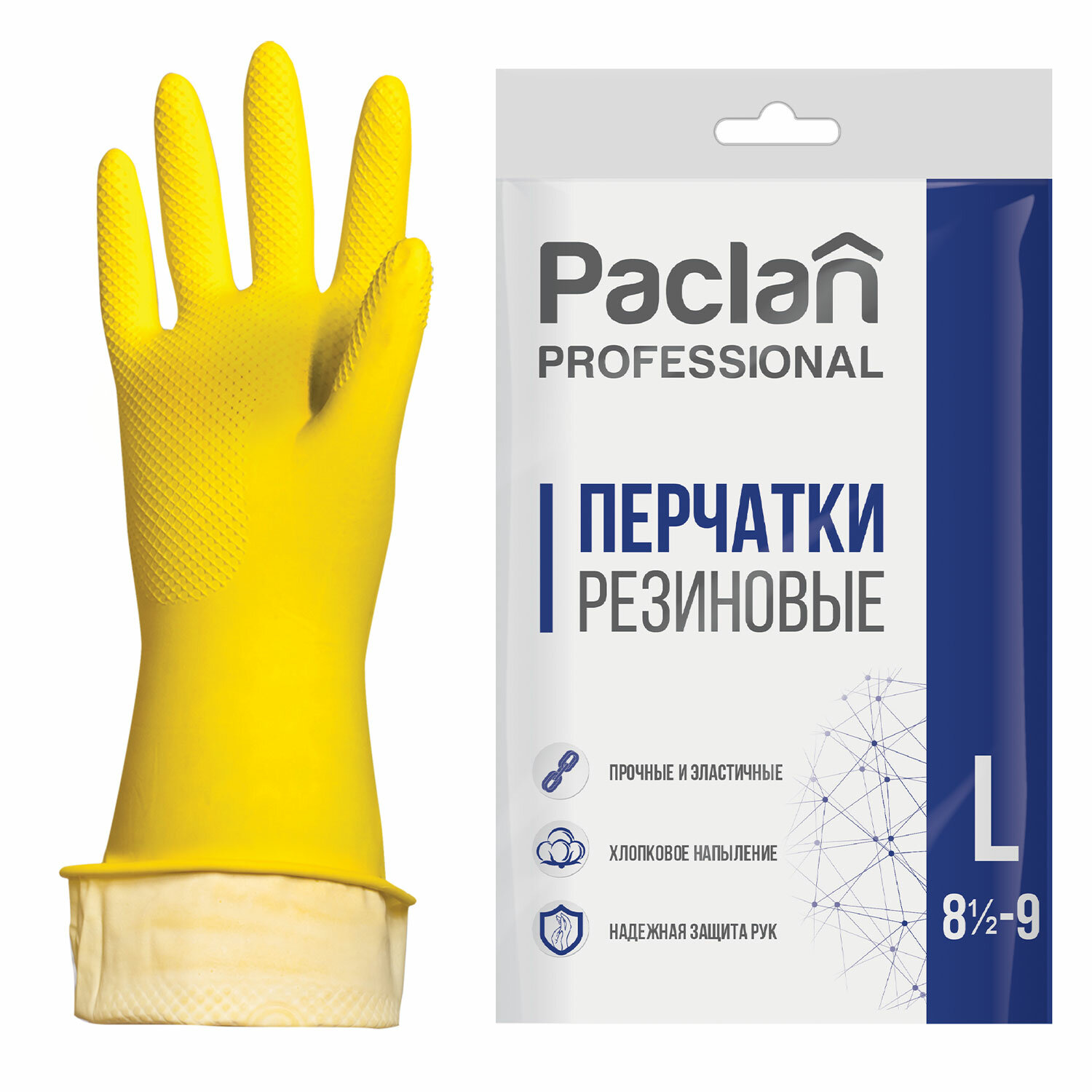 Перчатки хоз. латексные, х/б напыление, размер L (большой), желтые, PACLAN Professional, 602490