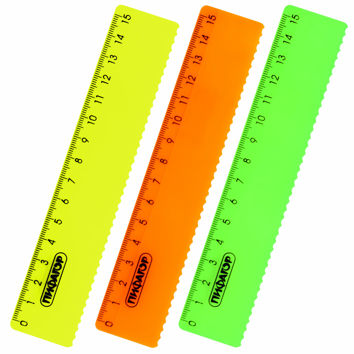 Линейка пластик 15 см ПИФАГОР, неоновая, ассорти, с волнистым краем, 210614