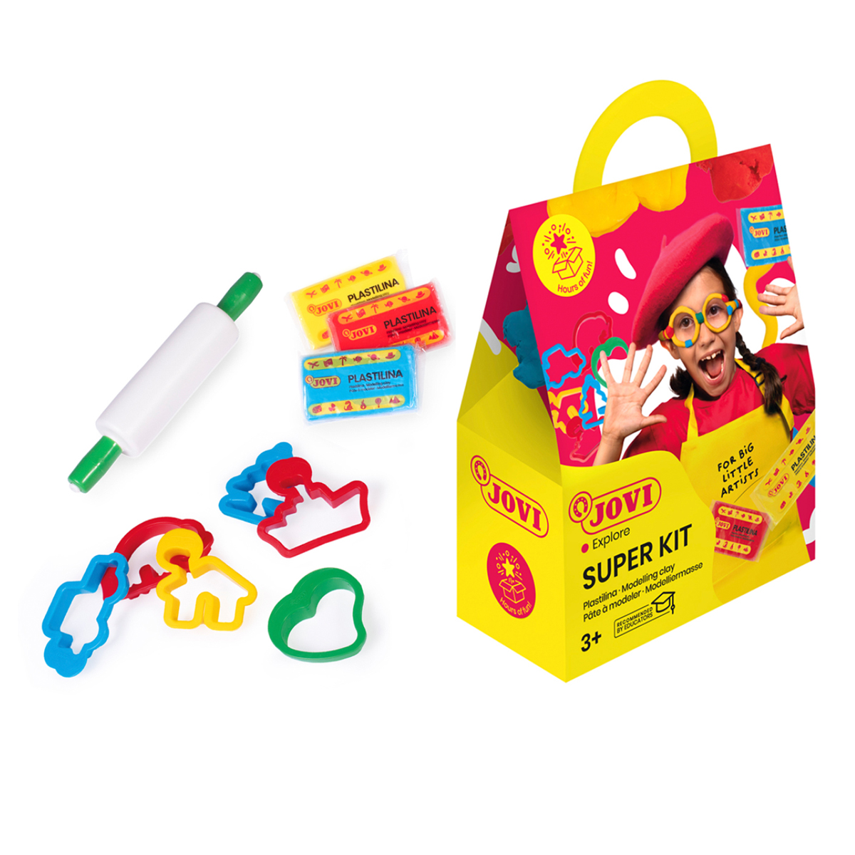Пластилин растительный JOVI "Super kit", 03 цвета, 150г, растительный, 6 формочек, 1 скалка, картонная упаковка 153 352372