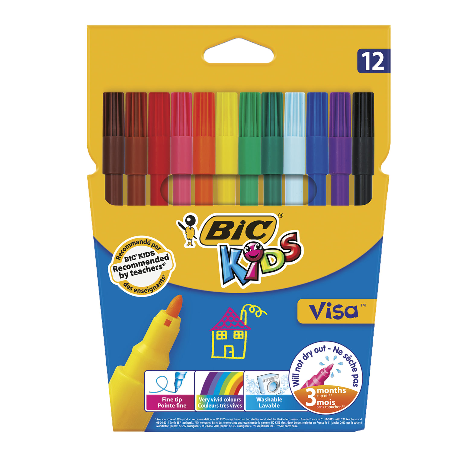 Фломастеры BIC "Kids Visa", 12 ЦВЕТОВ, суперсмываемые, вентилируемый колпачок, европодвес, 889695 150357