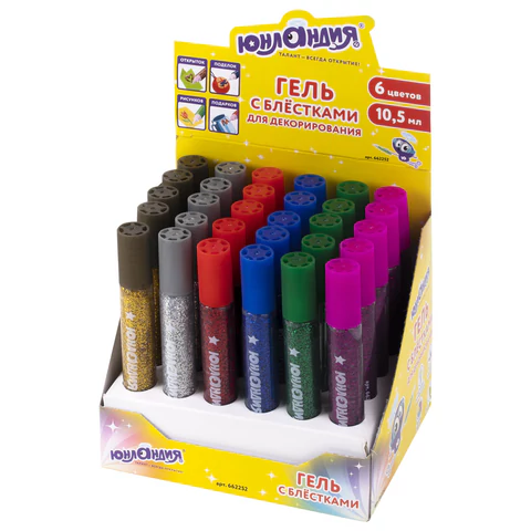 Гель с блестками ЮНЛАНДИЯ, 10,5 мл, КОМПЛЕКТ 30ШТ цвета ассорти, в дисплее, 662252
