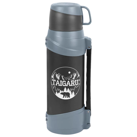 Термос классический, нержавеющая сталь 2 л, черно-серый, 2 кружки, ручка + ремешок, TAIGARU (ТАЙГАРУ), 608818 - МСК «Форвард»