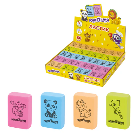 Ластик ЮНЛАНДИЯ "Зверушки", 28х18х10мм, цвет ассорти, прямоугольный, 228706