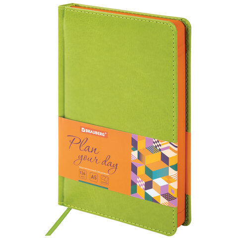 Ежедневник недатированный А5 138х213мм BRAUBERG Rainbow под кожу, 136л, зеленый, 111669