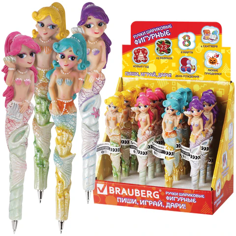 Ручка фигурная "РУСАЛОЧКИ", КОМПЛЕКТ 12ШТ СИНЯЯ, 4 дизайна ассорти, 0,5мм, дисплей, BRAUBERG, 142761