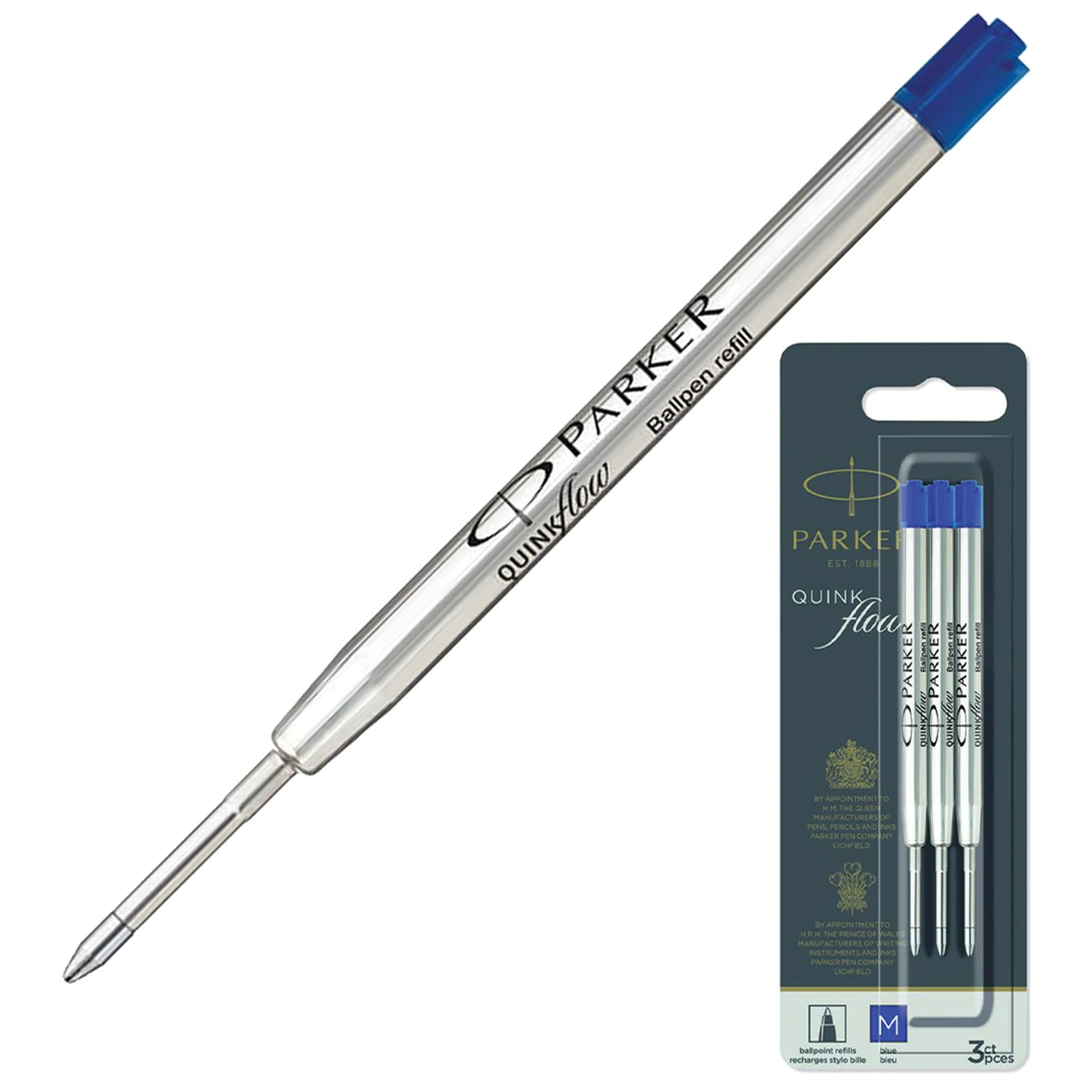 Стержень шариковый PARKER Quinkflow, КОМПЛЕКТ 3 шт, металл, 98мм, узел 1мм, блистер, синий, 2119152