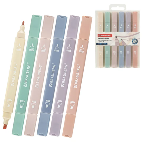 Набор текстовыделителей двусторонних 6 ЦВЕТОВ МОРАНДИ, BRAUBERG "Morandi", линия 1-5 мм, 152514 - МСК «Форвард»