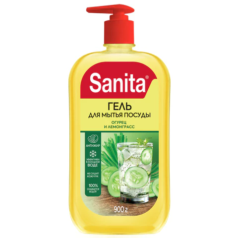 Гель для мытья посуды 900г SANITA "Огурец и лемонграсс", дозатор, 27863 701230