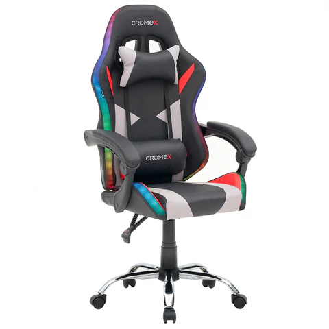 Кресло компьютерное CROMEX (КРОМЕКС) "Quantum GM-155 RGB", подсветка, две подушки, экокожа, черное/красное/серое, 532955