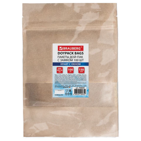 Пакет дой-пак с замком ZIP LOCK, крафт с окном 60 мм, 200х300 + 50 мм, 100 штук, 150 мкм, BRAUBERG, 700694