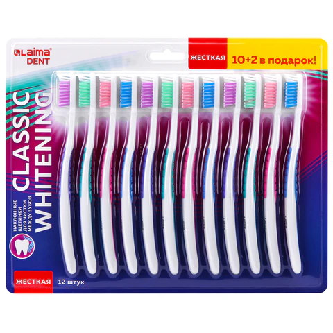 Зубная щетка жесткая CLASSIC WHITENING, КОМПЛЕКТ 12 шт. (10 + 2 в подарок), LAIMA DENT, 609694