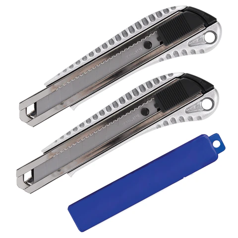 Нож канцелярский 18 мм, КОМПЛЕКТ 2 штуки + 10 ЛЕЗВИЙ, BRAUBERG Metallic, металлический корпус, 273929 - МСК «Форвард»