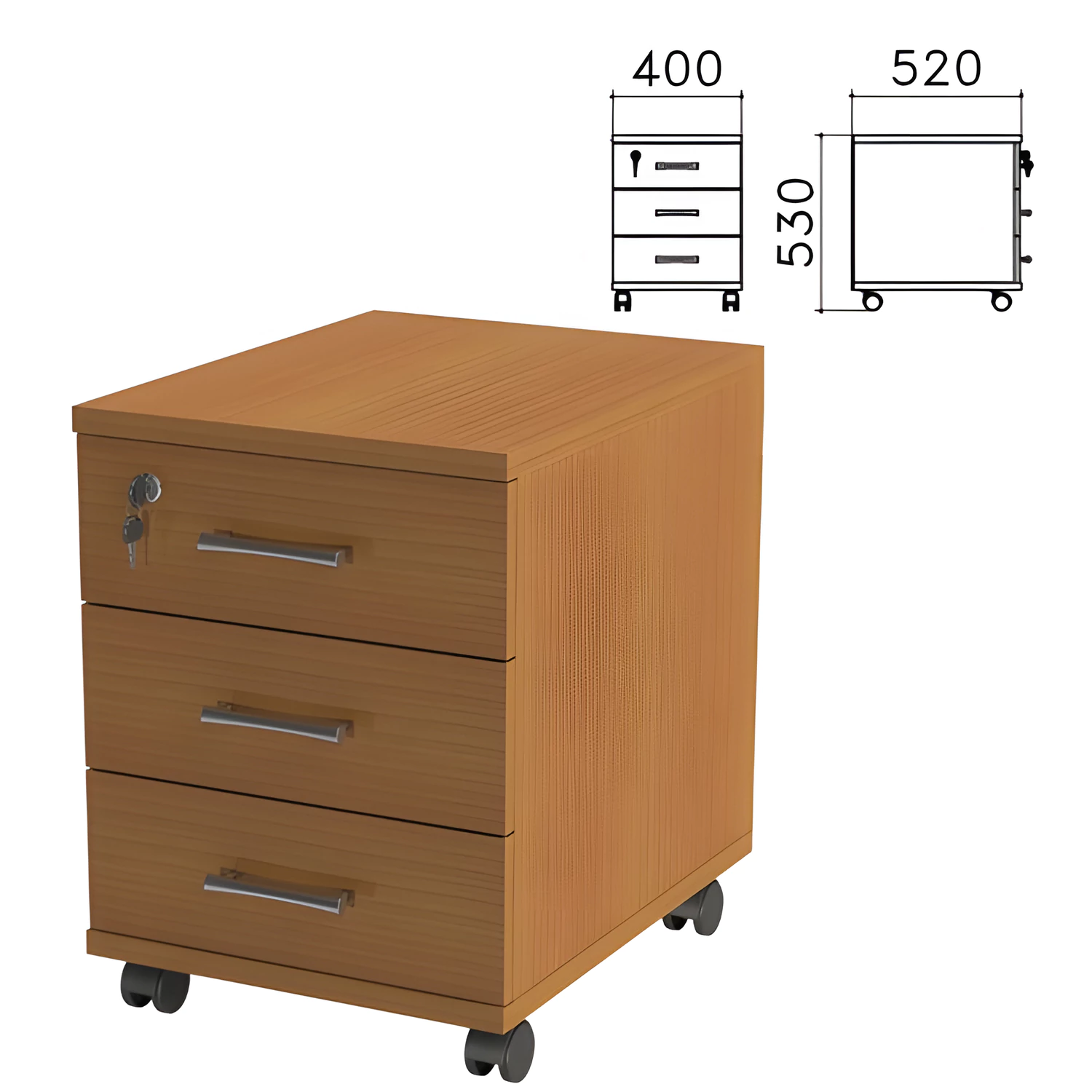 Тумба подкатная "Монолит" (ш400*г520*в530 мм), 3 ящика, замок, цвет орех, ТМ25.3 640139