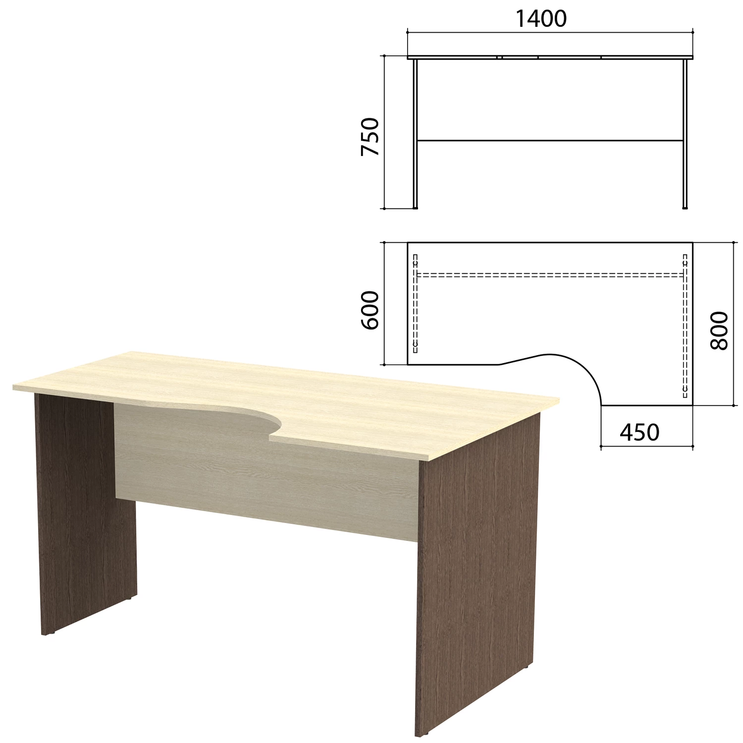 Стол письменный эргономичный "Канц", 1400х800х750 мм, правый, цвет дуб молочный/венге (КОМПЛЕКТ) 980452