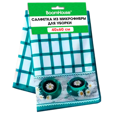 Салфетка из МИКРОФИБРЫ универсальная, 40х60 см, бирюзовая клетка, орнамент, 240 г/м2, BOOMHOUSE (БУМХАУС), 700879 - МСК «Форвард»