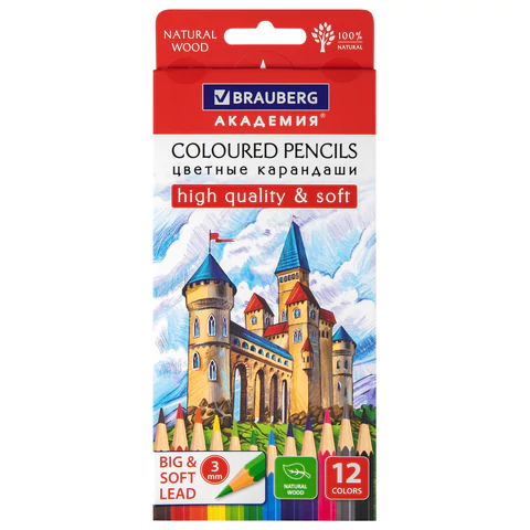 Карандаши цветные мягкие BRAUBERG АКАДЕМИЯ, 12 цветов, шестигранные, грифель 3 мм, натуральное дерево, 181864 - МСК «Форвард»