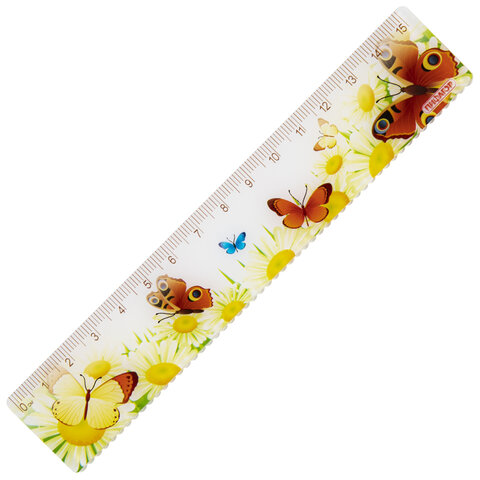 Линейка пластик 15 см ПИФАГОР "Бабочки", цветная печать, с волнистым краем, европодвес, 210635