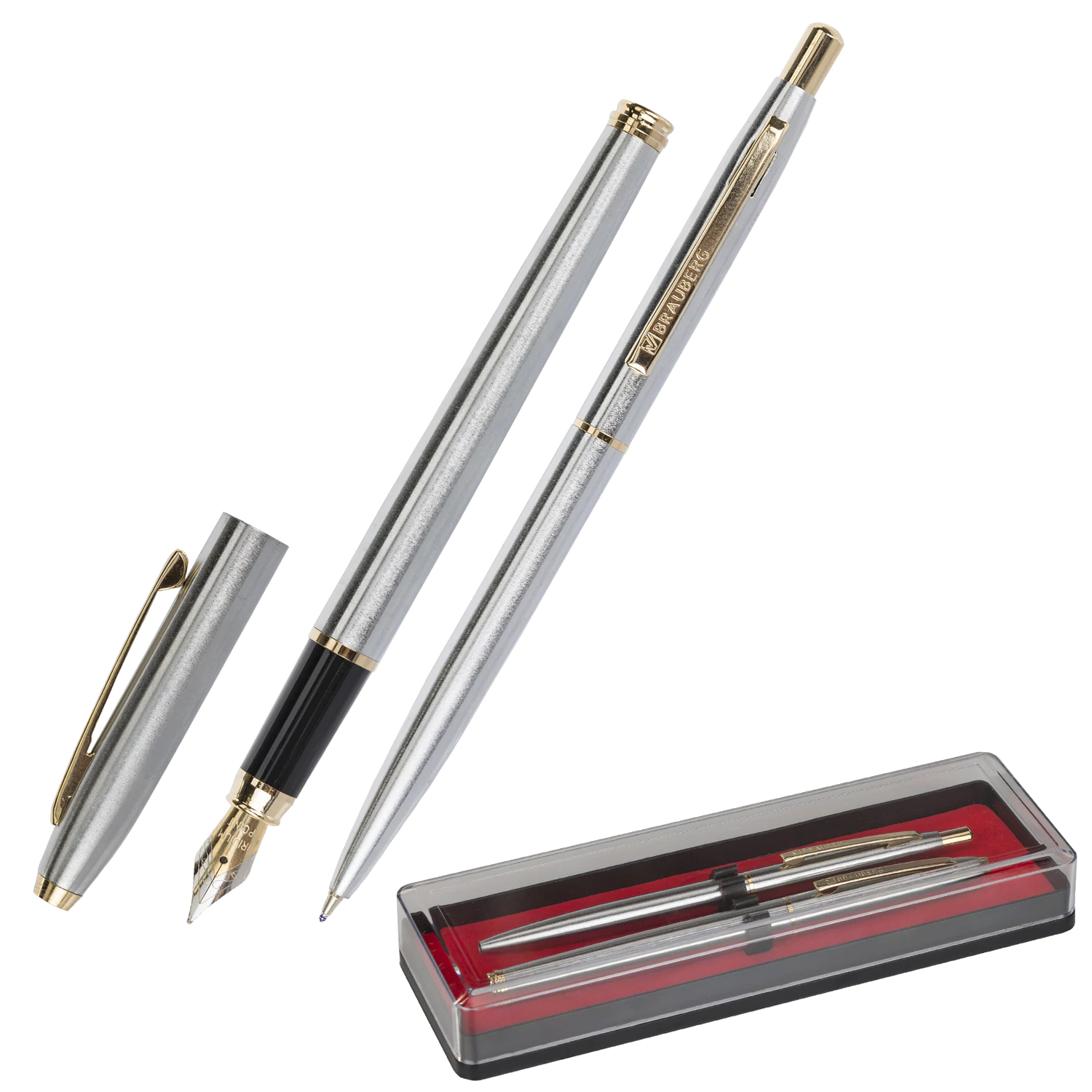 Набор ручек подарочных BRAUBERG Brioso, СИНИЕ, 2 шт: шариковая, перьевая, сереб. с зол., 143465