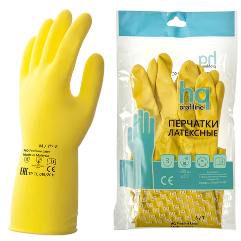 Перчатки латексные КЩС, сверхпрочные, плотные, хлопковое напыление, размер 7,5-8, M (средний), желтые, HQ Profiline, 73584 608750