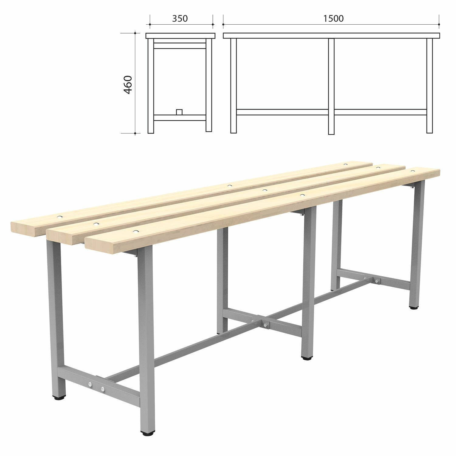 Скамья деревянная на металлокаркасе СТ 3 (ш1500*г350*в460мм), 532529