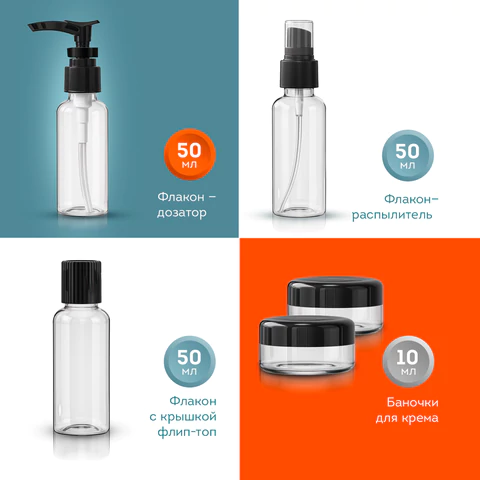 Дорожный набор флаконов в косметичке с наклейками, 7 флаконов (5х50 мл, 2х10 мл), DASWERK (ДАСВЕРК), 609298 - МСК «Форвард»