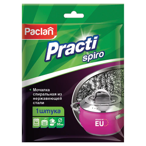 Губка (мочалка) для посуды металлическая, сетчатая, 15 г, PACLAN "Practi Spiro" 408220 606341