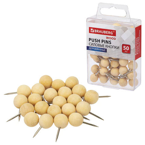 Силовые кнопки-гвоздики BRAUBERG WOOD, деревянные (шарики), 50 штук, 10 мм, 272761 - МСК «Форвард»
