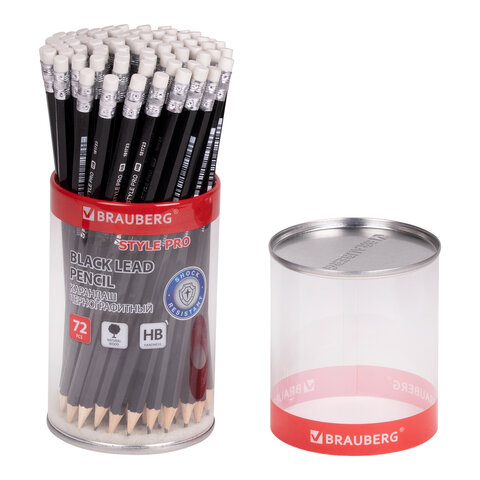 Карандаш чернографитный BRAUBERG "Style PRO", 1 шт., HB, с ластиком, корпус черный,181723
