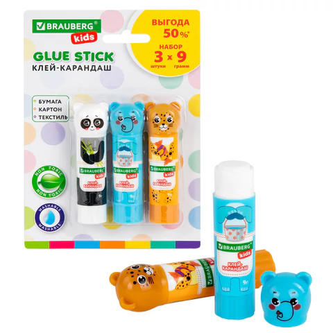 Клей-карандаш "Зверята: панда, слон, леопард" 9 г, фигурный колпачок, 3 шт./блистер, BRAUBERG KIDS, 272473 - МСК «Форвард»