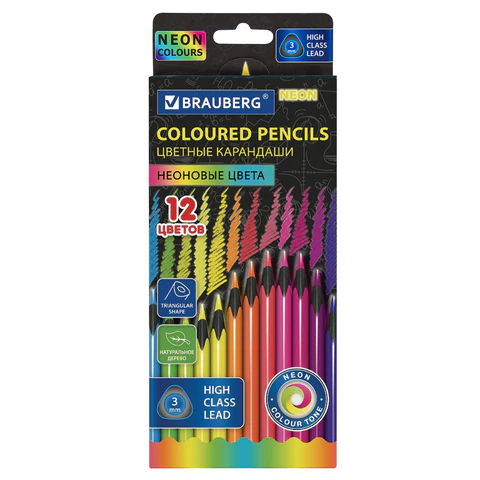 Карандаши цветные BRAUBERG NEON, 12 неоновых цветов, трехгранные, грифель 3 мм, черное дерево, 181852 - МСК «Форвард»