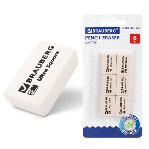 Ластики BRAUBERG "Ultra Square" НАБОР 6 шт., размер ластика 29*18*8мм, белые, натур. каучук, 229603