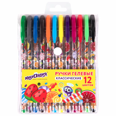 Ручки гелевые ЮНЛАНДИЯ, НАБОР 12 ЦВЕТОВ, корпус с печатью, узел 0,5 мм, линия 0,35 мм, 142800