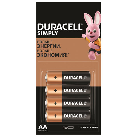 Батарейки КОМПЛЕКТ 4 шт. (отрывной блок) DURACELL Simply ОРИГИНАЛ, AA (LR6, 15А), алкалиновые, пальчиковые, Б0046868 455043