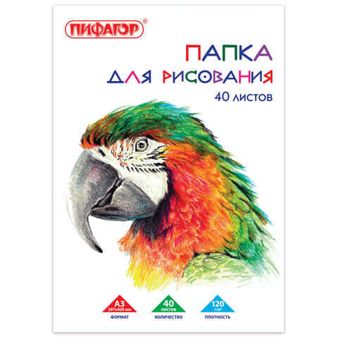 Папка для рисования БОЛЬШОГО ФОРМАТА А3, 40л., 120 г/м2, ПИФАГОР, 297х420мм, Попугай, 129219