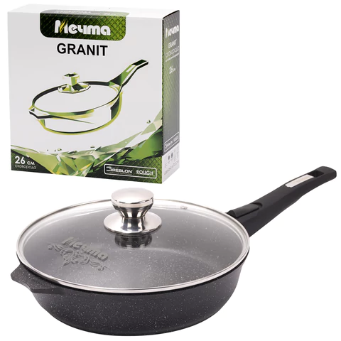 Сковорода 26 см, съемная soft-touch ручка, крышка, антипригарное покрытие, МЕЧТА "Гранит Black", с026802 700716 - МСК «Форвард»
