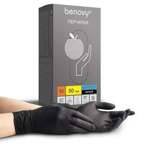 Перчатки нитриловые смотровые 50 пар (100 штук), размер 7-8, M (средний), черные, BENOVY Nitrile Chlorinated, М 631634 ЧЕСТНЫЙ ЗНАК!