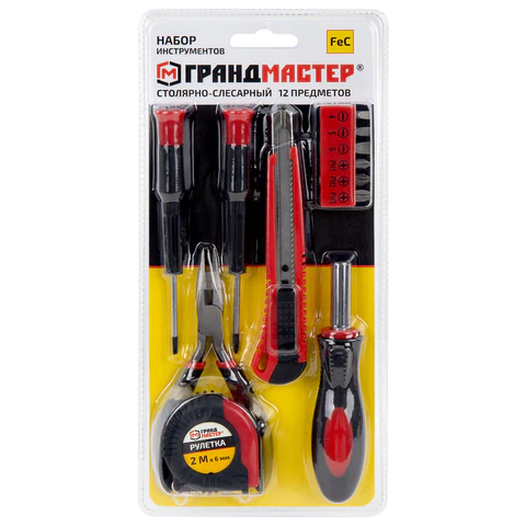 Набор инструментов столярно-слесарный, 12 предметов, блистер, ГРАНДМАСТЕР, 671330 - МСК «Форвард»