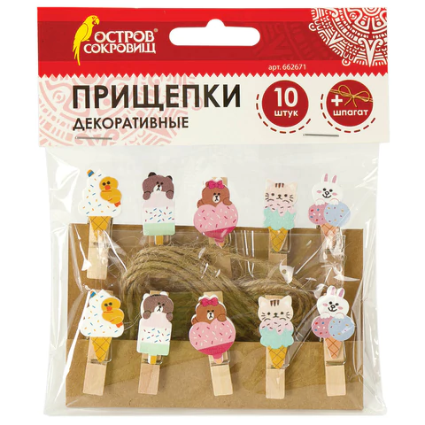 Прищепки декор. "Сладкие истории", 10 штук, 3,5 см, ассорти, со шпагатом, ОСТРОВ СОКРОВИЩ, 662671
