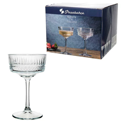 Бокал для шампанского на ножке широкий, 260 мл, КОМПЛЕКТ 4 штуки, стекло, PASABAHCE "ЭЛИЗИЯ", фирменная подарочная упаковка, 440436 700572