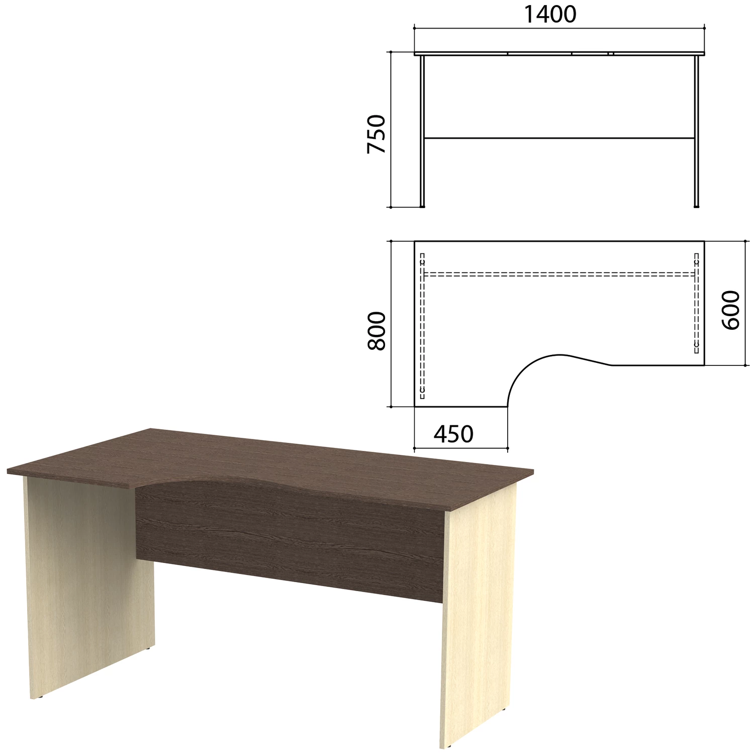 Стол письменный эргономичный "Канц", 1400х800х750 мм, левый, цвет венге/дуб молочный (КОМПЛЕКТ)  980457