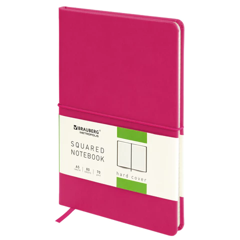 Блокнот А5 148x218мм, BRAUBERG Metropolis X, под кожу, 80л, резинка, клетка, малиновый, 111034