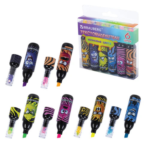 Набор текстовыделителей 6 НЕОНОВЫХ ЦВЕТОВ, кросс-серия МОНСТРИКИ, линия 1-5 мм, BRAUBERG, 152621 - МСК «Форвард»