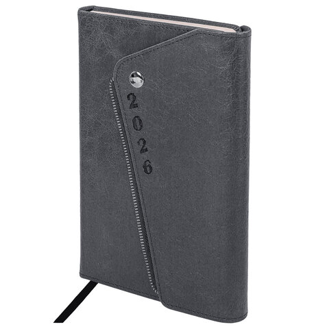 Ежедневник датированный 2026, А5, 145х213 мм, BRAUBERG "Jacket", под кожу, клапан, держатель, серый, 117403 - МСК «Форвард»