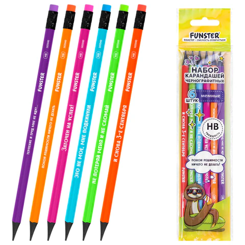 Набор карандашей чернографитных с мемной надписью FUNSTER (ФАНСТЕР) FUNNY NOTES CLRD, 6 штук, HB, с ластиком, 182040