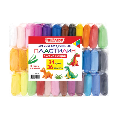 Пластилин супер лёгкий воздушный застывающий 36 штук (32 цвета + 2 белых + 2 черных), 310 г, 3 стека, ПИФАГОР, 107042 - МСК «Форвард»