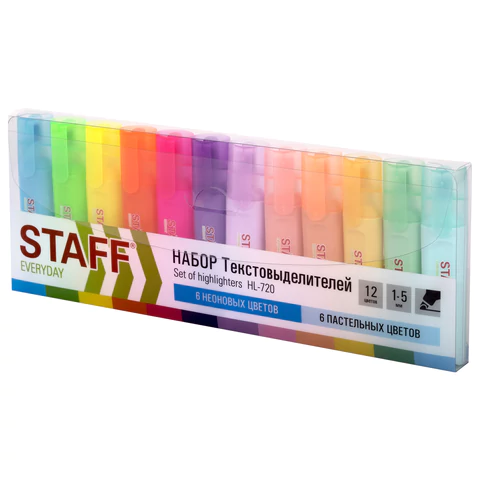 Набор текстовыделителей 12 ЦВЕТОВ, STAFF "EVERYDAY HL-720", 6 неоновых цветов + 6 пастельных цветов, линия 1-5 мм, 152557 - МСК «Форвард»