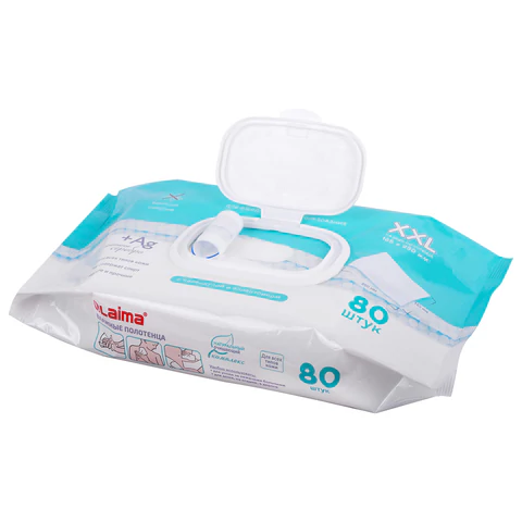 Полотенца влажные 80 шт., БОЛЬШИЕ XXL 16,5х25 см, с аллантоином и коллоидным серебром, LAIMA, 115222 - МСК «Форвард»