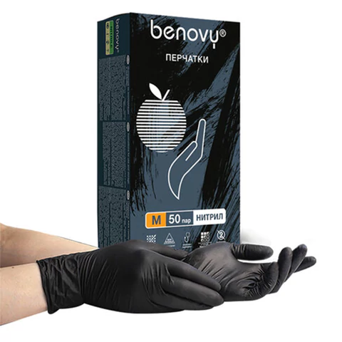 Перчатки нитриловые смотровые 50 пар (100 штук), размер 7-8, M (средний), черные, BENOVY MultiColor, К 631625 ЧЕСТНЫЙ ЗНАК - МСК «Форвард»